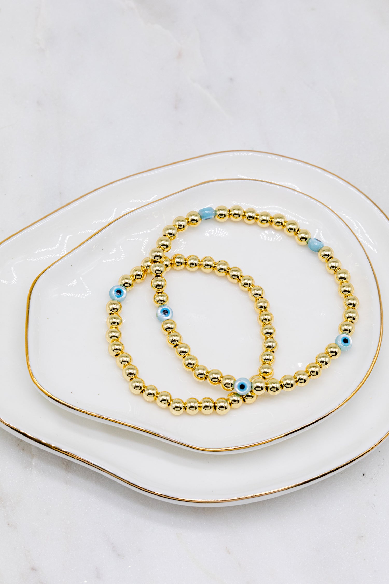Mother of Pearl Evil Eye + Gold Ball Beaded Stackable Bracelet