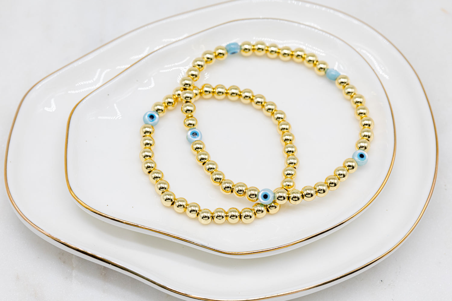 Mother of Pearl Evil Eye + Gold Ball Beaded Stackable Bracelet