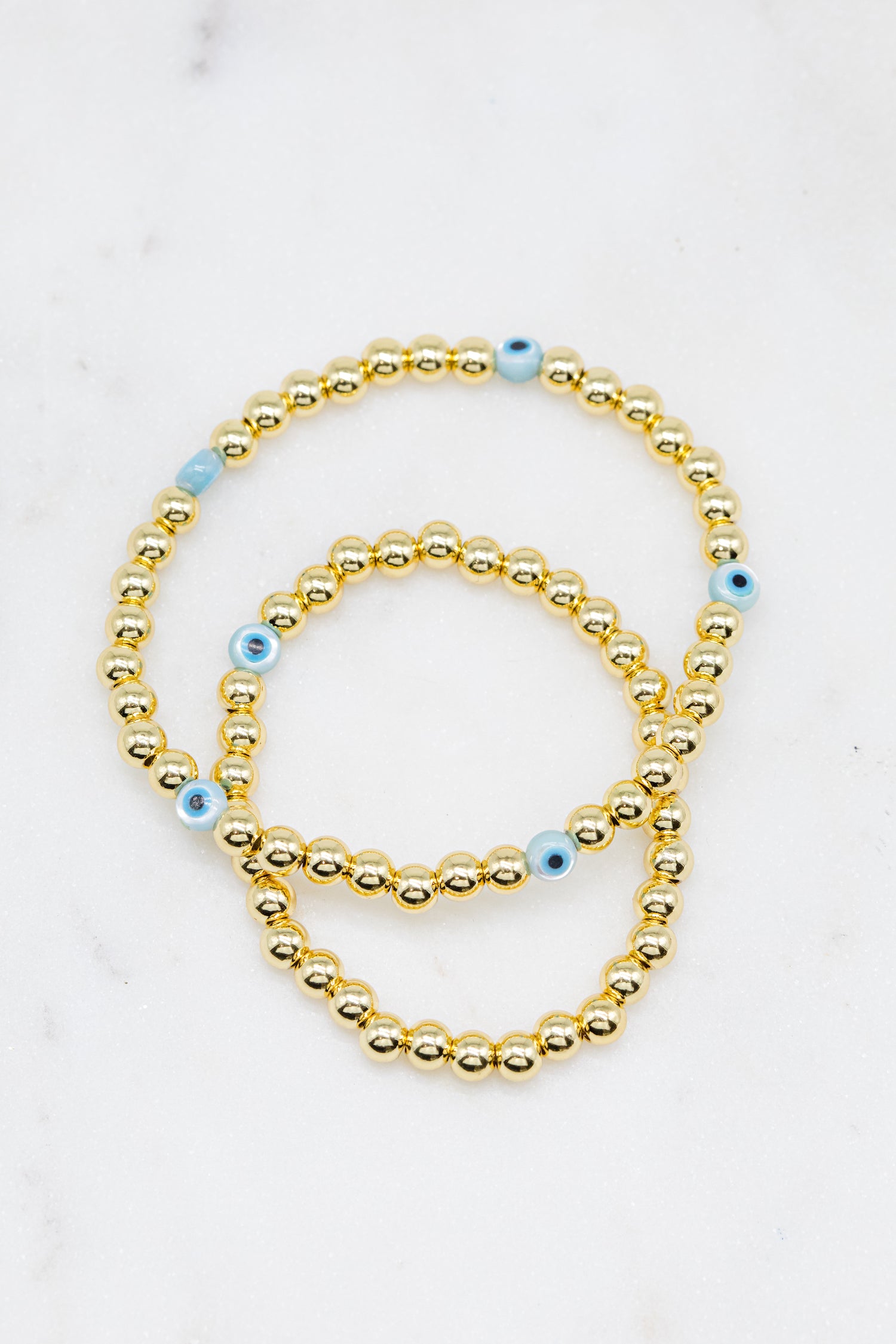 Mother of Pearl Evil Eye + Gold Ball Beaded Stackable Bracelet