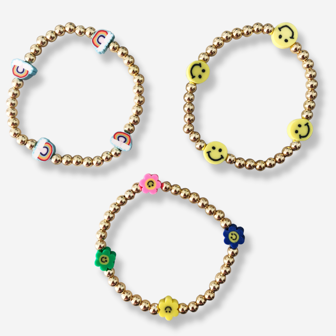Yellow Smiley + Gold Ball Beaded Stackable Bracelet