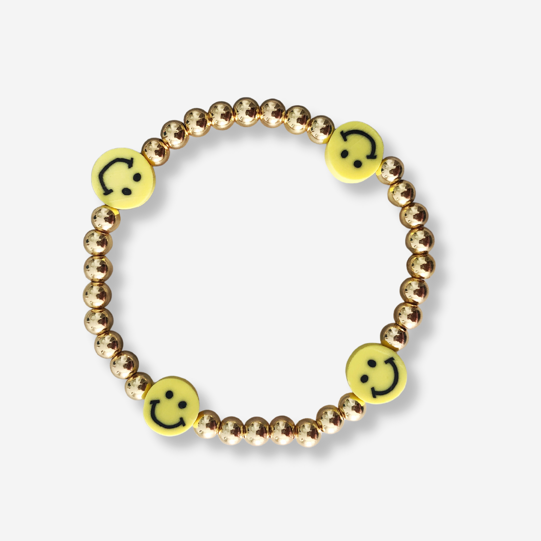 Yellow Smiley + Gold Ball Beaded Stackable Bracelet