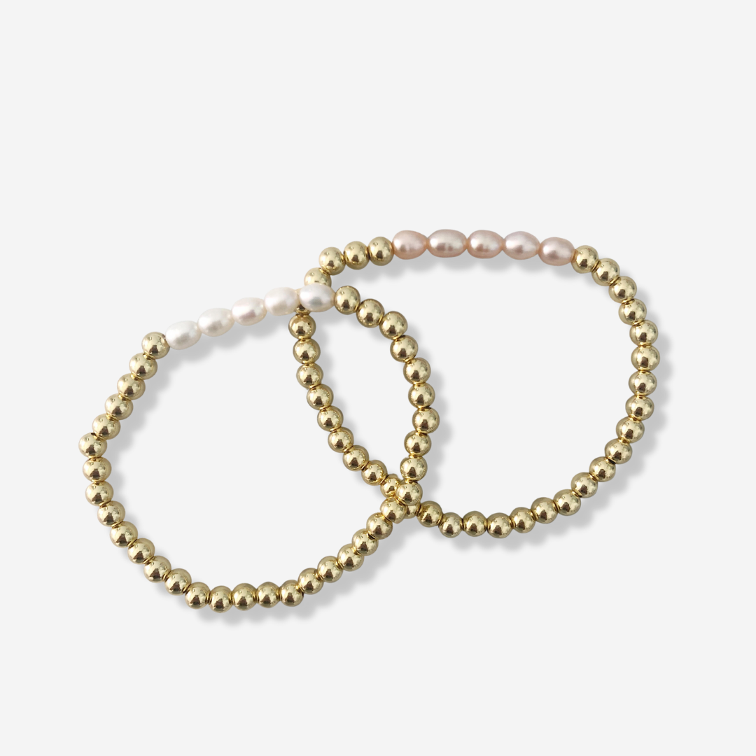 Pearl + Gold Ball Beaded Stackable Bracelet