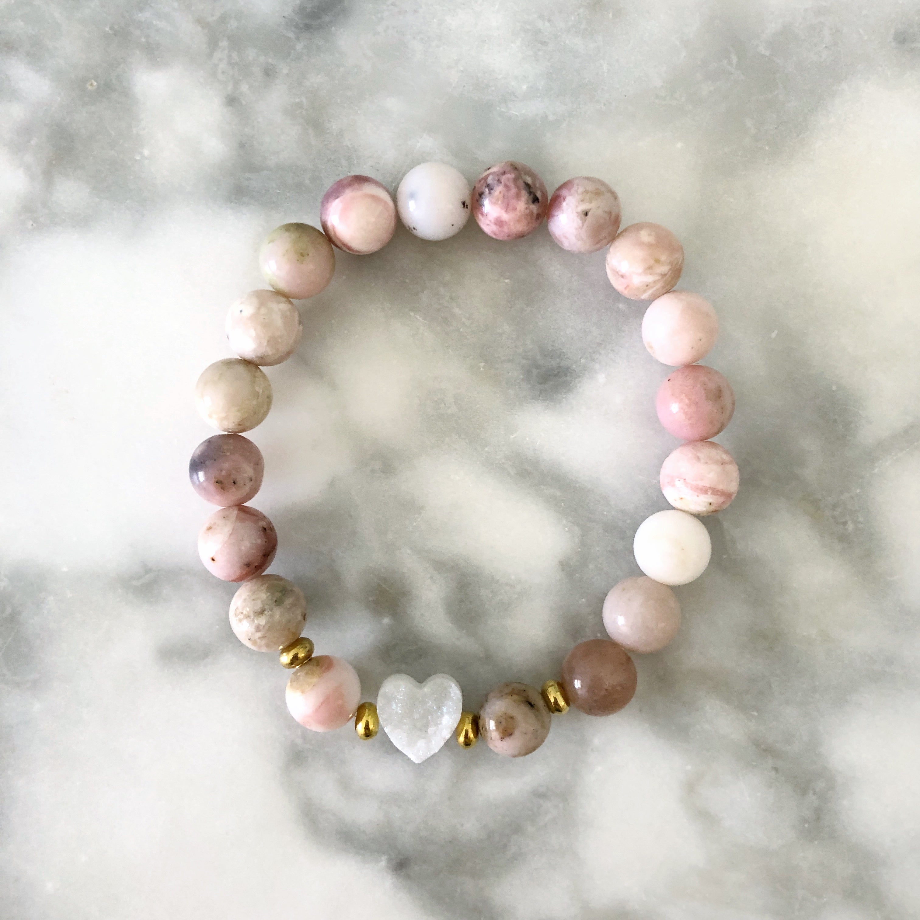 White Druzy Heart + Pink Opal Stretch Bracelet